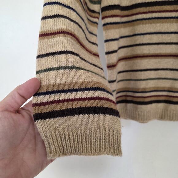 Vtg Striped Vneck Sweater Womens M Brown Wool Blend 70s Bohemian Neutral Minimal - Picture 3 of 9